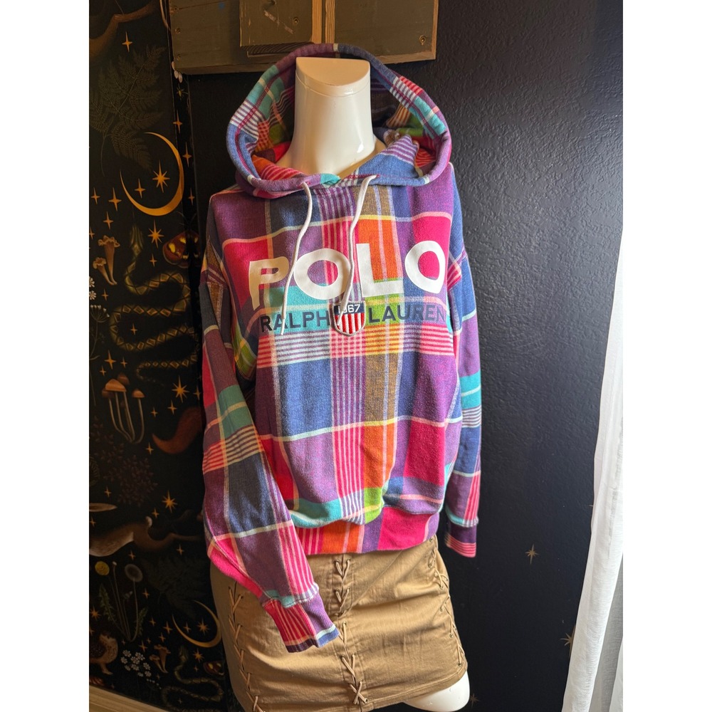 Polo Ralph Lauren Multi Color Plaid Logo Hoodie French Terry XS